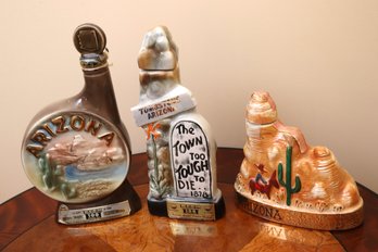 3 Collectible Decanter Bottles Includes Jim Beam Arizona The Grand Canyon, Tombstone Arizona And Ezra Brooks