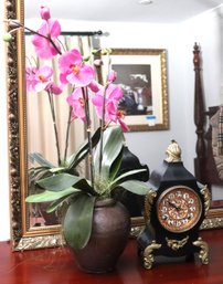 Ansonia Vintage Metal Clock, And Faux Purple Orchid In Planter