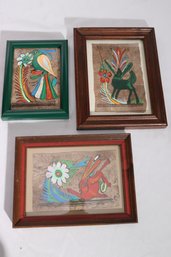 Three Small Framed Mexican Paintings On Bark.