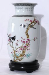 Vintage Chinese Porcelain Vase Hand Painted Birds  And Calligraphy Poem