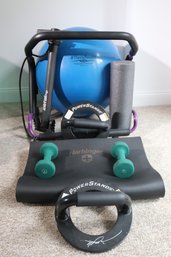 Lot Of Physical Fitness Equipment With Power Stands, Larger Ab Roller, Exercise Ball, Rubber Mat & Pump