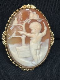 14K YG Large Beautiful Cameo Pendant Depicting Child With Birds In Tree