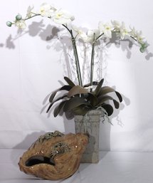 Faux Double White Orchid In Pottery Planter And Large Ceramic Shell With Crabs.