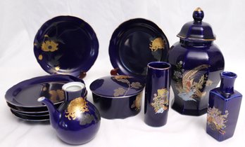 Lot Of Cobalt, Blue Vintage Items With Japanese Gold Rimmed Plates, Small Pauses Box  And More.