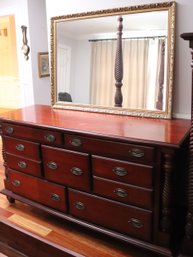 Mahogany Colored Wood Dresser With Spiral Posts & Attractive Gold Framed Mirror