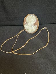 14K YG Large Cameo Brooch/ Pendant On 23.5 Inch 14k YG Necklace