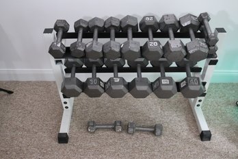 Set Of Dumbbell Metal Weights And Stand Ranging From 5Lbs. To 40.