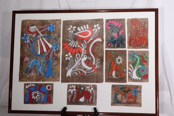 Grouping Of Framed Mexican Paintings On Bark.