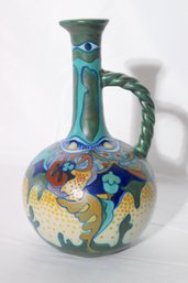 Gouda Holland Corona Hand Painted Ewer With Art Nouveau Design And Braided Style Handle