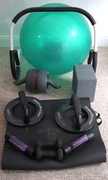 Lot Of Assorted Exercise Equipment With Smaller Ab Roller, Power Stands, Yoga Blocks And More