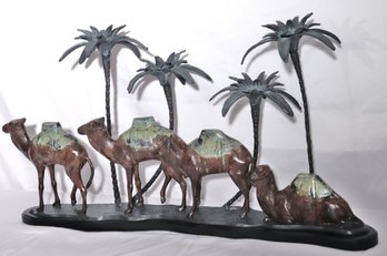 Orientalist Style Painted Bronze Middle Eastern Camel Formation With Palm Tree Candlesticks.