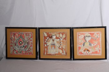 Three Framed Artworks Of Primitive Indian Art Black Faux Bamboo Frames