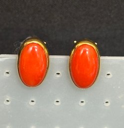 18K YG Classy Pair Of Red Coral Earrings - Signed