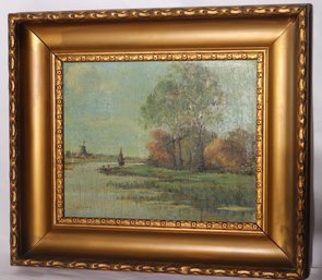 Signed Dutch Oil On Board Landscape With Windmill And Canal.