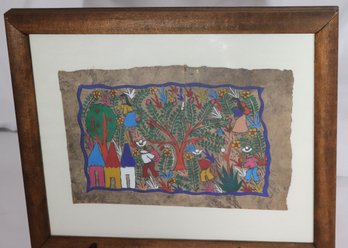 Framed Ethnic Painting On Bark Paper Of People Carrying Fruits From A Large Tree