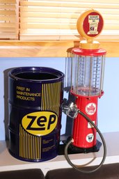 Decorative Vintage Style Gasoline Pump Display And Zep Advertising Barrel