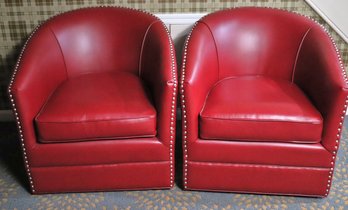 Pair Of Fine Red Leatherette Swivel Club Chairs In Overall Excellent Like New Condition