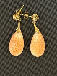 14K YG Pair Of Carved Pink Coral Earrings