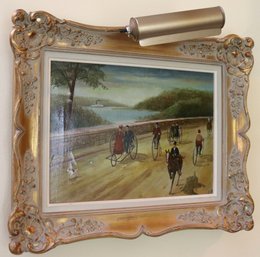 Vintage Oil On Canvas Painting Of Bicyclists On River Promenade