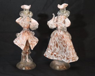 Pair Of Mid-Century Murano Glass Couple Figurines With Copper Flecks