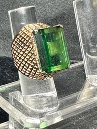 14K YG Large Beautiful Open Design Green Tourmaline Ring-Size 6