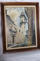 Signed Watercolor, Painting Of Havana Street With Church Tower