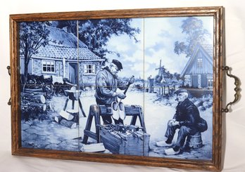 Hand Painted Dutch Tile Tray By Van Hunnik With Village Cobbler.
