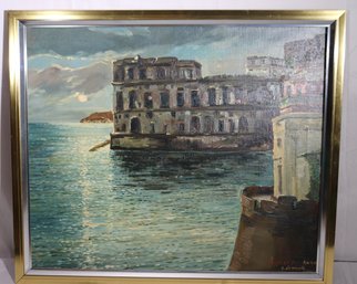 Vintage Signed Italian Oil Painting On Canvas, Of Palazzo Don Anna, Napoli, In Two Tone Metal Frame.