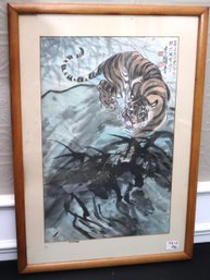 Chinese Watercolor Painting Of Tiger With Calligraphy & Red Seal