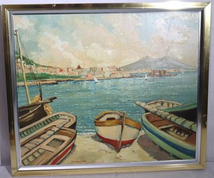 Signed Vintage Oil Painting Of Margellina, Italian Seaside Town With Volcano In The Background.