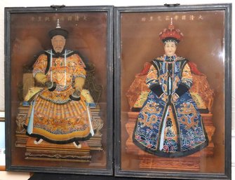 Pair Of Ancestor Portraits Reverse Painted On Glass With Wood Back Panel And Frame