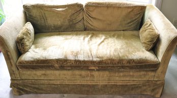 MCM Olive Gold Velvet Love Seat With Bench Pillow And Straight Wooden Legs,