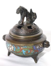 Small Bronze Champleve Censer / Incense Holder With Lid And Foo Dog.