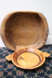 Large Primitive Carved Wood Bowl And Serving Dish
