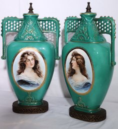 Pair Of Antique Green Porcelain Urns With Signed Hand Painted Panels Of Beautiful Women.