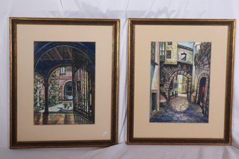 Two Signed Watercolor Paintings Of Courtyard And Cobblestone Street By Luis De Gongora.