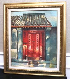 Mid Century Painting Of Red Door With Chinese Calligraphy & Blue Tile Roof