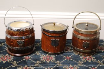 Collection Of Assorted Vintage English Wood Barrel Biscuit Jars With Handles