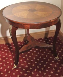 Baker Flame Mahogany And Burl Round Side Table, Pinwheel Pattern On Top With Ebony Border And Decorative Brass