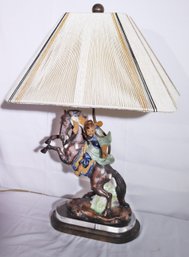 Vintage Chinese Painted Ceramic Warrior Lamp With String Shade.