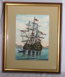 Watercolor, Painting Of Masted, Spanish Gallion, By Luis De Gongora.