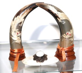 Vintage Pair Of Hand Painted Horns With Dragon Design, Includes A Small Shell Trinket Piece