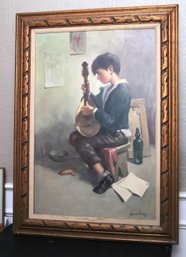 Hand Painted Portrait Of Young Boy With Mandolin Signed By Artist In Carved Wood Frame
