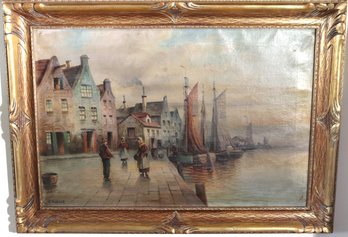 Dutch Harbor Scene Signed E. Dubner Oil On Canvas In Gilt Wood Frame.