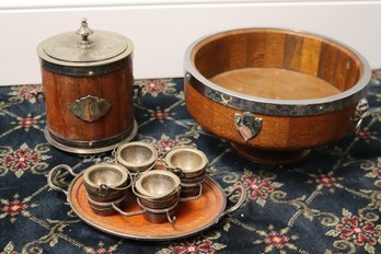 Vintage English Carved Wood Barrel Biscuit Jars With Handles And More, Ryecraft Woodwork Lazy Susan Bowl