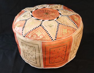 Moroccan Leather Pouf Or Small Ottoman With Gold Highlights And Zipper