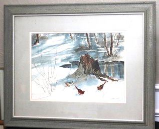 Watercolor Painting Of Redbirds In Snow Signed Patchell Olson
