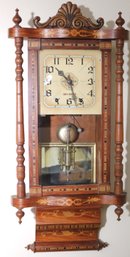 Unique Wall Clock With Inlaid Wood Case, Metal Clock Face Stamped New Haven.