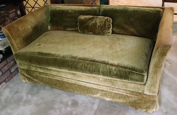 MCM Olive Gold Velvet Love Seat With Bench Pillow And Straight Wooden Legs