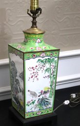 Chinese Enamel Painted Table Lamp Featuring The 4 Seasons On Wood Base.